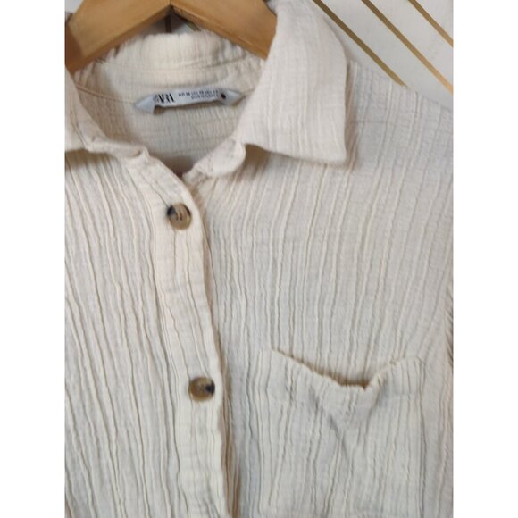 ZARA Women's Lightweight Gauze Button Front Peasant Blouse Cream Beig Size SMALL - Picture 3 of 6